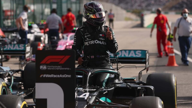 Lewis Hamilton puts his thumbs up after securing pole position for the 2020 Portuguese Grand Prix at Portimao