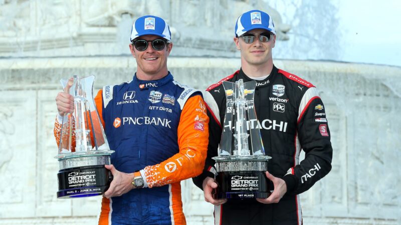 Scott Dixon and Josef Newgarden with trophies at the 2019 Detroit Grand Prix