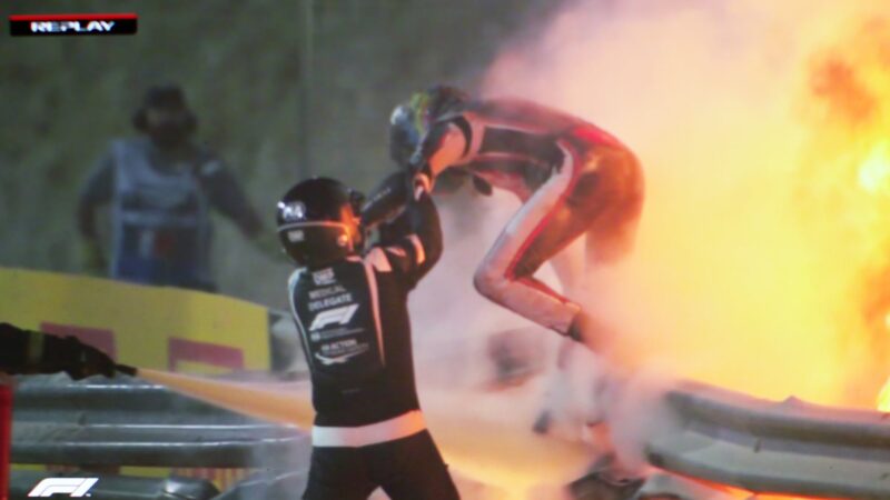 Romain Grosjean escapes the fire of his Haas wreckages at the 2020 F1 Bahrain Grand Prix