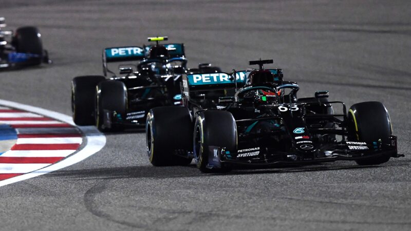 George Russell leads Valtteri Bottas in the 2020 Sakhir Grand Prix