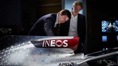 Toto Wolff with Jim Ratcliffe and Mercedes W11