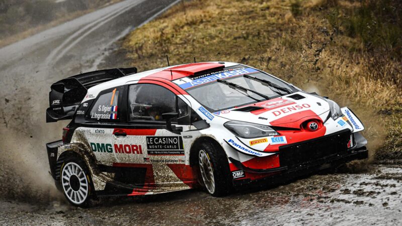 GAP, FRANCE - JANUARY 22: Sebastien Ogier of France and Julien Ingrassia of France compete with their Toyota Gazoo Racing WRT Toyota Yaris WRC during the FIA World Rally Championship Monte Carlo Day Two on January 22, 2021 in Gap, France. (Photo by Massimo Bettiol/Getty Images)
