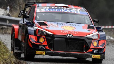 Estonian Ott Tanak and his co-pilot Estonian Martin Jarveoja steer their Hyundai Shell Mobis World Rally Team during the ES 1 of the first stage of the 89th WRC Monte-Carlo Rally, between Saint-Disdier-en-Devoluy and Corps near Gap on January 21, 2021. (Photo by PHILIPPE DESMAZES / AFP) (Photo by PHILIPPE DESMAZES/AFP via Getty Images)