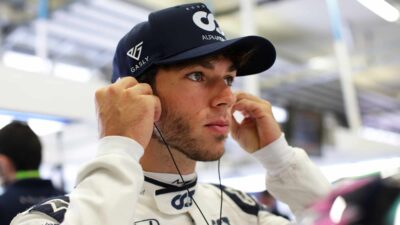 Pierre Gasly in the AlphaTauri pit garage