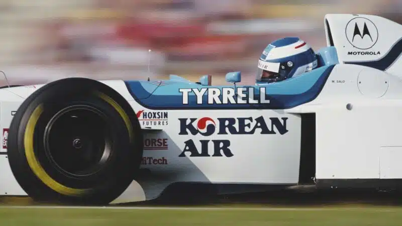 Mika Salo of Finland drives the #19 Tyrrell 024 Yamaha V10 during the Formula One German Grand Prix on 28 July 1996 at the Hockenheimring, Hockenheim, Germany. (Photo by Darren Heath/Getty Images)