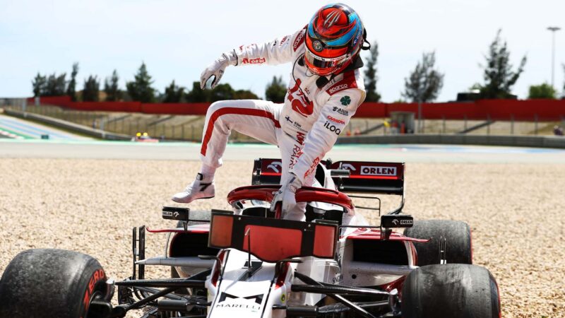 PORTIMAO, PORTUGAL - MAY 02: Kimi Raikkonen of Finland and Alfa Romeo Racing climbs out of his car after stopping in the gravel during the F1 Grand Prix of Portugal at Autodromo Internacional Do Algarve on May 02, 2021 in Portimao, Portugal. (Photo by Bryn Lennon/Getty Images)