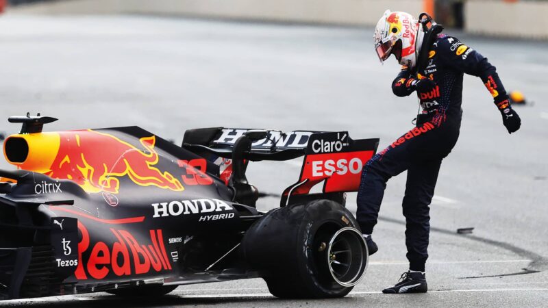 Max Verstappen kicks the tyre of his Red Bull after crashing out of the 2021 Azerbaijan Grand Prix