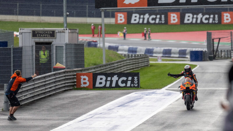 Brad Binder celebrates winning the 2021 MotoGP Austrian GP