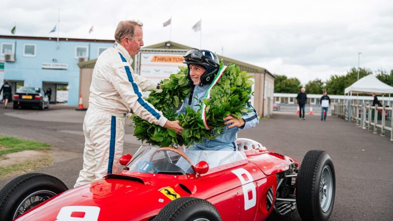 Damon Hill wears garland with Ferrari Sharknose and Martin Brundle