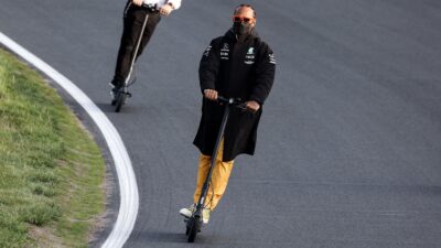 Lewis Hamilton at Zandvoort on an electric scooter