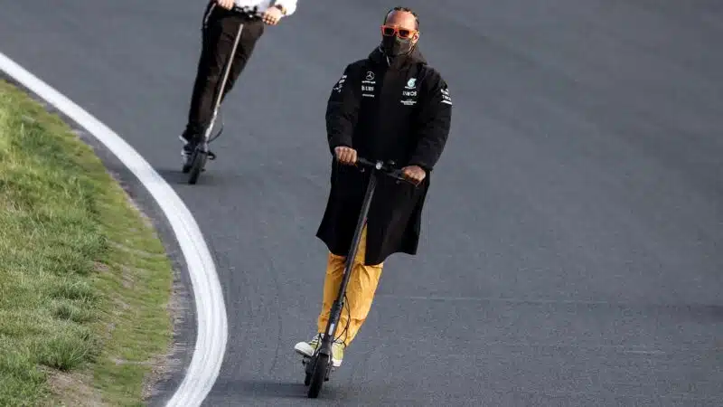 Lewis Hamilton at Zandvoort on an electric scooter