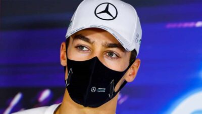 ABU DHABI, UNITED ARAB EMIRATES - DECEMBER 10: George Russell of Great Britain and Mercedes GP talks in the Drivers Press Conference during previews ahead of the F1 Grand Prix of Abu Dhabi at Yas Marina Circuit on December 10, 2020 in Abu Dhabi, United Arab Emirates. (Photo by Mark Sutton - Pool/Getty Images)