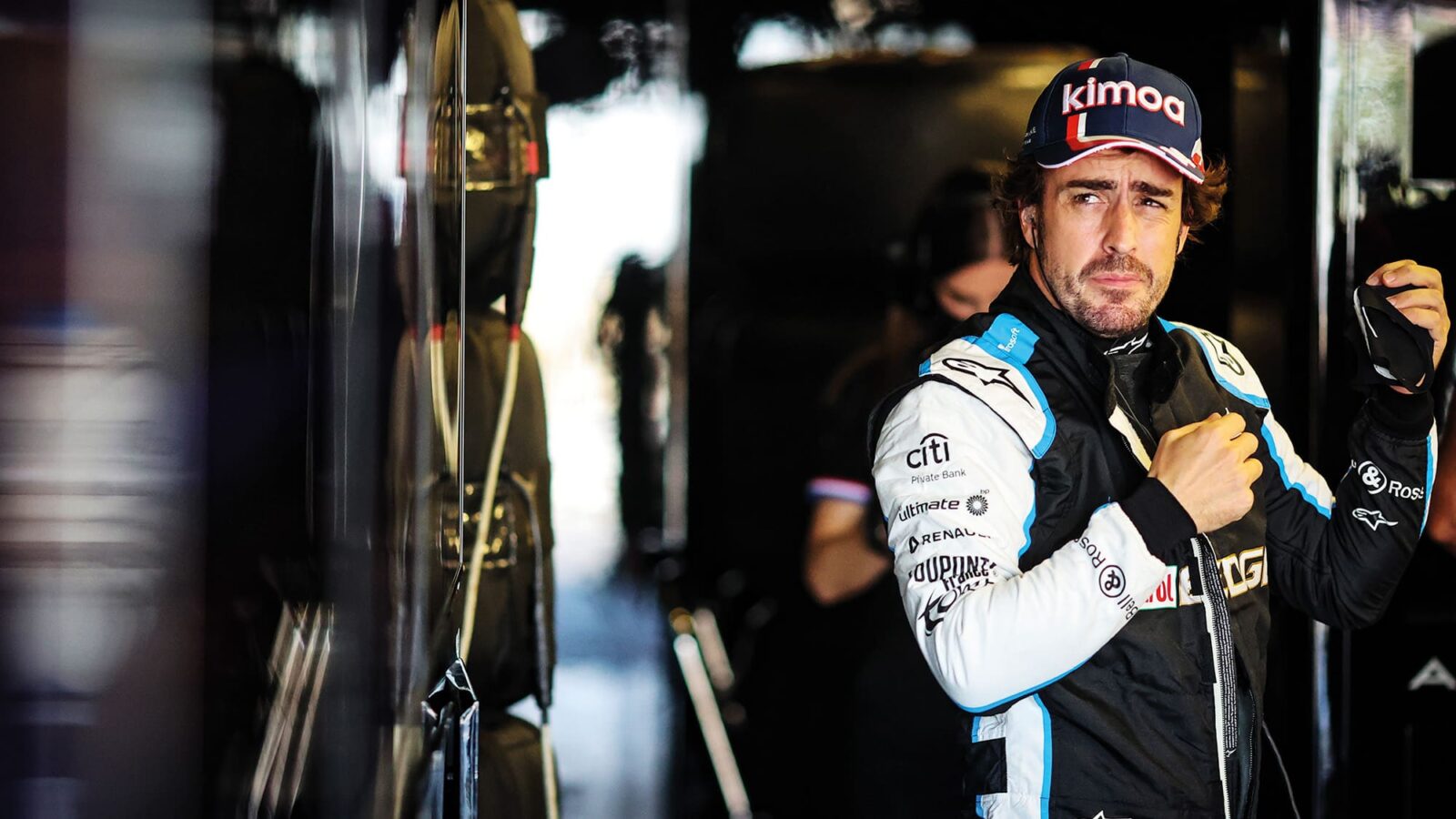 Fernando Alonso in Alpine F1 garage