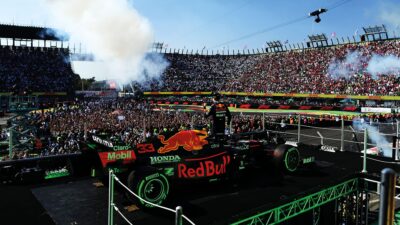 Max Verstappen with his Red Bull on the Mexican Grand Prix podium