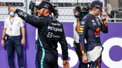 Lewis Hamilton celebrates pole in Saudi Arabia as Max Verstappen looks disappointed