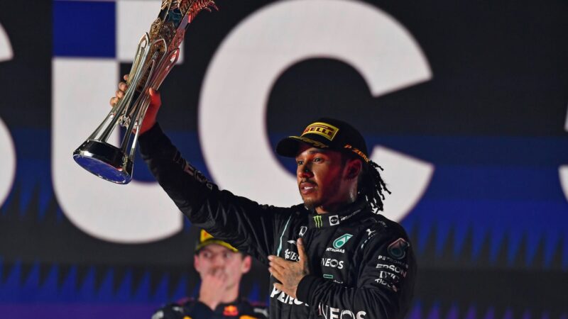 Lewis Hamilton lifts his trophy after winning the 2021 Saudi Arabian Grand Prix