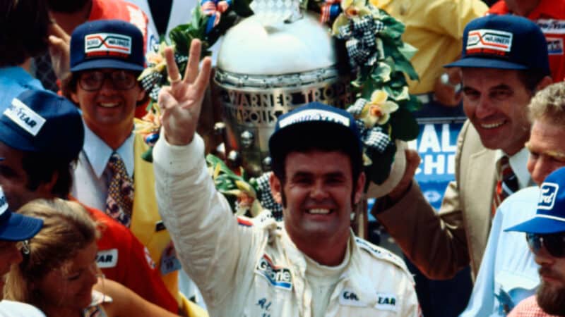 Al Unser Sr holds three fingers up after winning his third Indy 500 in 1978