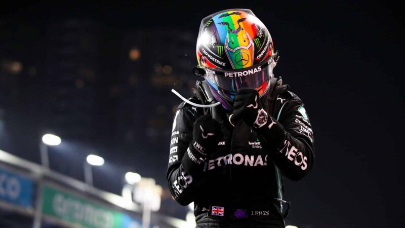 HAMILTON Lewis (gbr), Mercedes AMG F1 GP W12 E Performance, portrait celebrating his win during the Formula 1 stc Saudi Arabian Grand Prix 2021, 21th round of the 2021 FIA Formula One World Championship from December 3 to 5, 2021 on the Jeddah Corniche Circuit, in Jeddah, Saudi Arabia - Photo Florent Gooden / DPPI