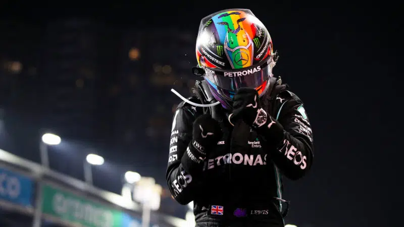 HAMILTON Lewis (gbr), Mercedes AMG F1 GP W12 E Performance, portrait celebrating his win during the Formula 1 stc Saudi Arabian Grand Prix 2021, 21th round of the 2021 FIA Formula One World Championship from December 3 to 5, 2021 on the Jeddah Corniche Circuit, in Jeddah, Saudi Arabia - Photo Florent Gooden / DPPI