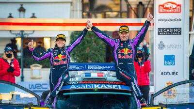 Sebastien Loeb and codriver Isabelle Galmiche after the 2022 Monte Carlo Rally