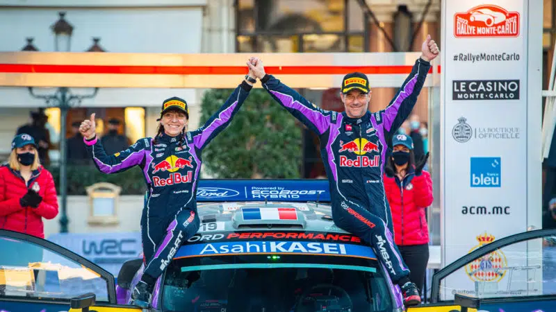 Sebastien Loeb and codriver Isabelle Galmiche after the 2022 Monte Carlo Rally