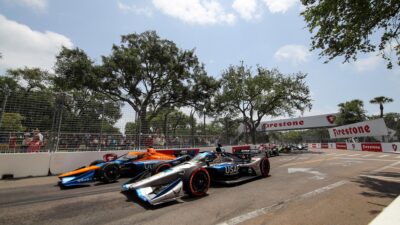 Felix Rosenqvist and Conor Daly wheel to wheel at IndyCar St Petersburg in 2021