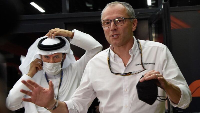 Stefano Domenicali and Mohammed bin Sulayem after meeting after FP2 practice for the 2022 Saudi Arabian Grand Prix at the Jeddah Corniche Corcuit. Photo: Grand Prix Photo