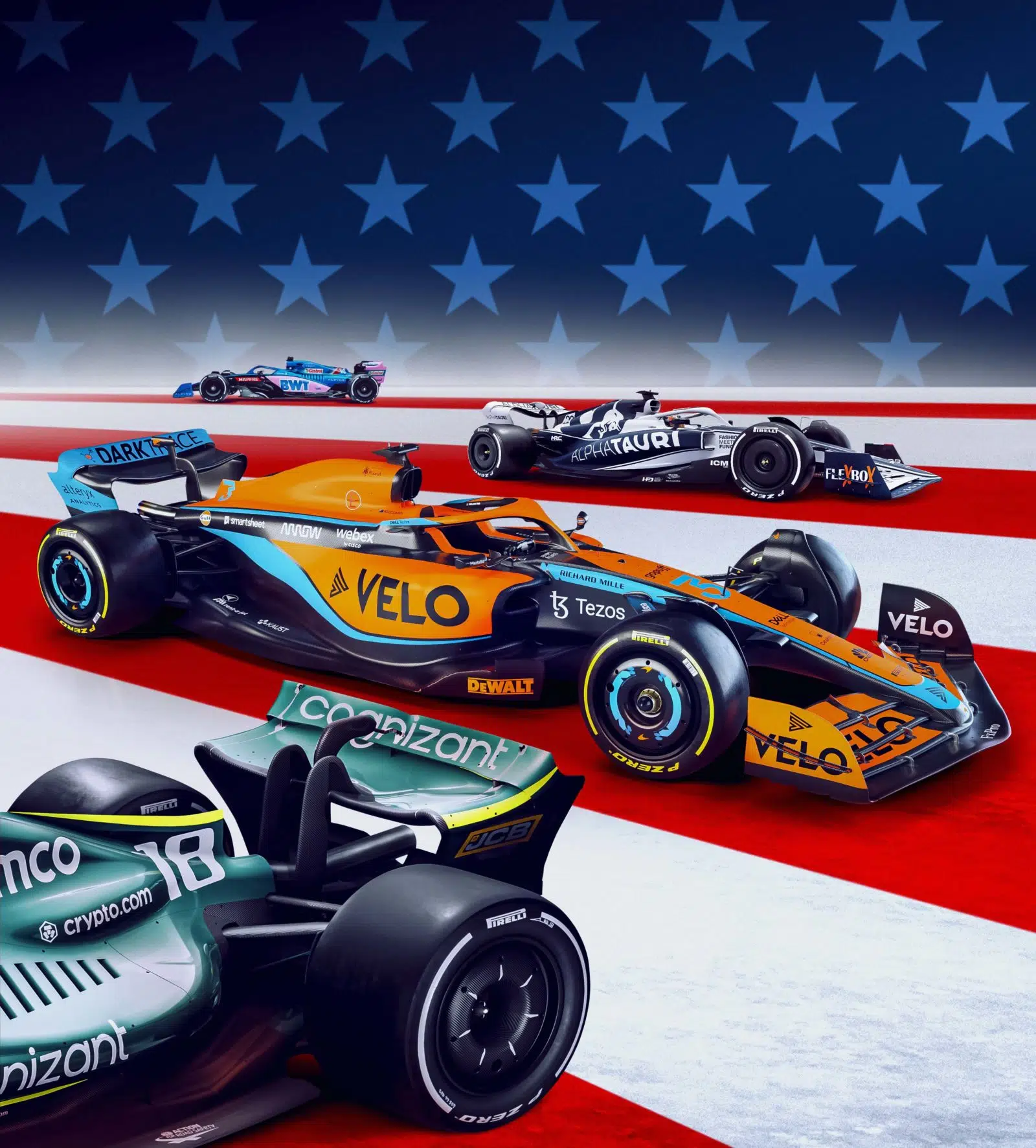 F1 cars on American flag