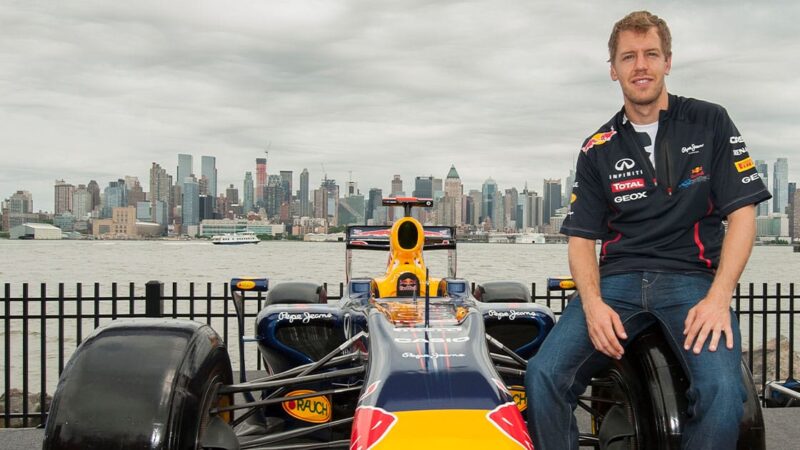 Red Bull Racing driver Sebastian Vettel of Germany poses for the media during the news conference after the filming of the 3rd Infiniti's Inspired Performers' series at the recently announced Grand Prix circuit in New Jersey on June 11, 2012, New York. Photo by Victor Fraile (Photo by Victor Fraile/Corbis via Getty Images)