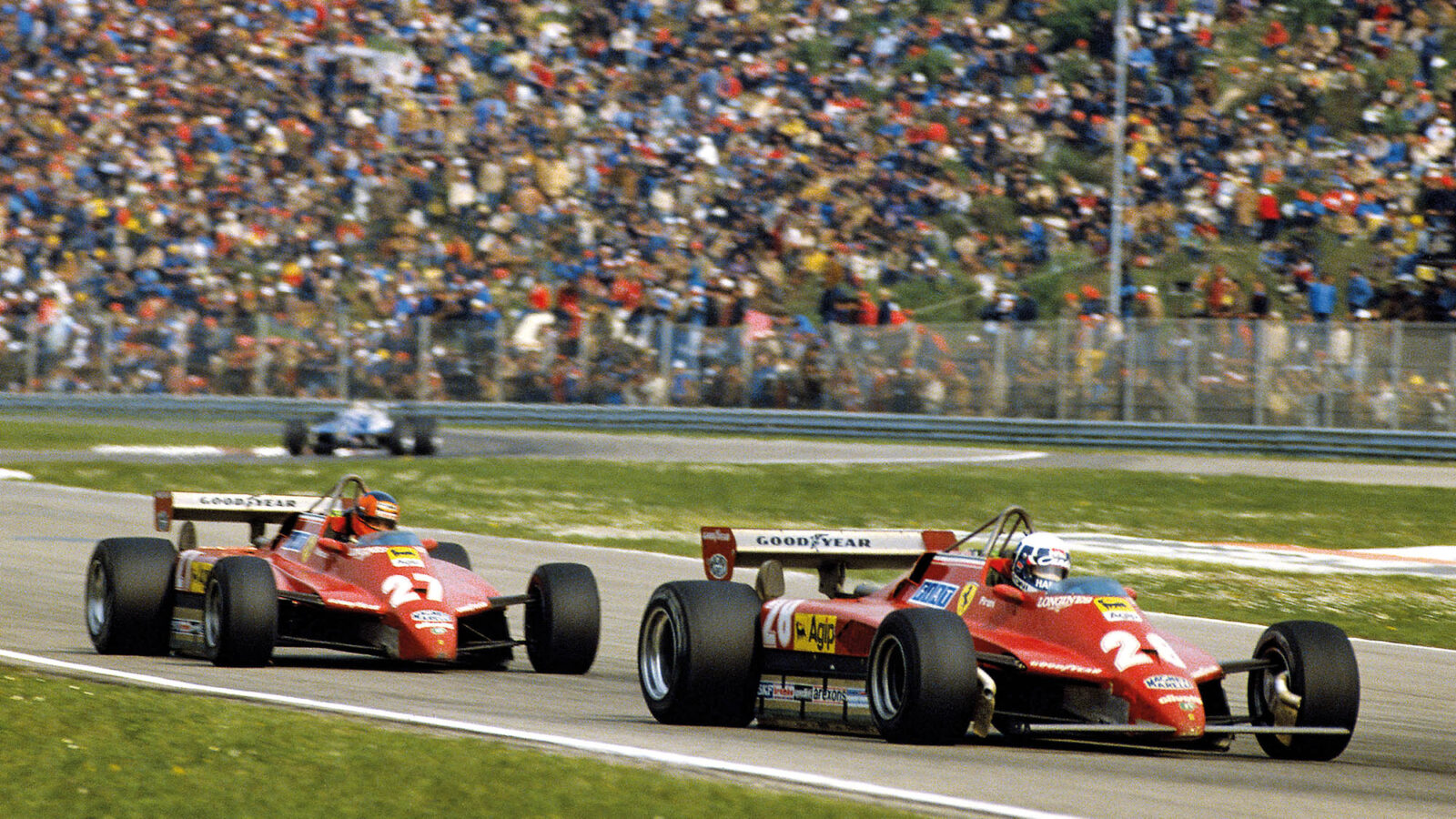 Didier Pironi leads Gilles Villeneuve in the 1982 San Marino GP