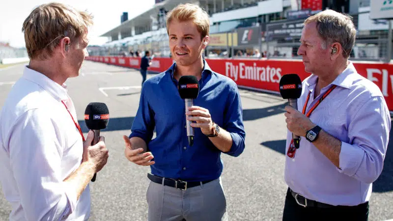 SUZUKA, JAPAN - OCTOBER 08: 2016 F1 World Drivers Champion Nico Rosberg talks with Martin Brundle and Simon Lazenby on Sky Sports F1 TV before the Formula One Grand Prix of Japan at Suzuka Circuit on October 8, 2017 in Suzuka. (Photo by Lars Baron/Getty Images)