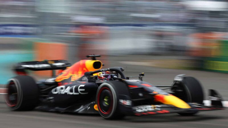 MIAMI, FLORIDA - MAY 08: Max Verstappen of the Netherlands driving the (1) Oracle Red Bull Racing RB18 leads Charles Leclerc of Monaco driving (16) the Ferrari F1-75 during the F1 Grand Prix of Miami at the Miami International Autodrome on May 08, 2022 in Miami, Florida. (Photo by Jared C. Tilton/Getty Images)