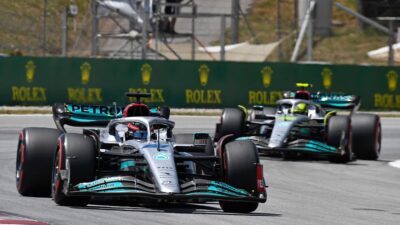 George Russell in front of Lewis Hamilton (both Mercedes) during practice for the 2022 Spanish Grand Prix at the Circuit Barcelona-Cayalunya. Photo: Grand Prix Photo