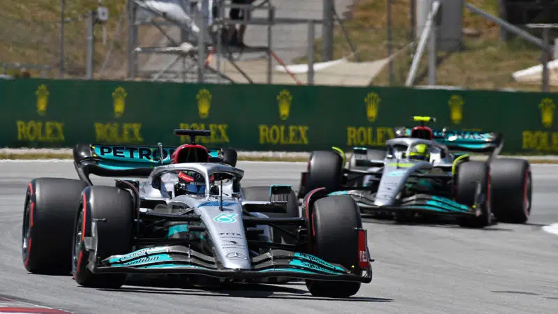 George Russell in front of Lewis Hamilton (both Mercedes) during practice for the 2022 Spanish Grand Prix at the Circuit Barcelona-Cayalunya. Photo: Grand Prix Photo