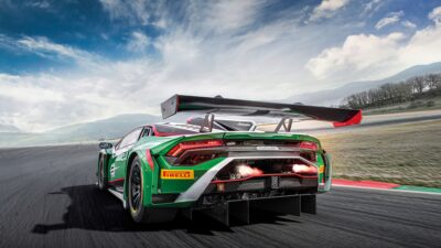 Flames spit from the exhaust of the Lamborghini Huracan GT3 Evo2