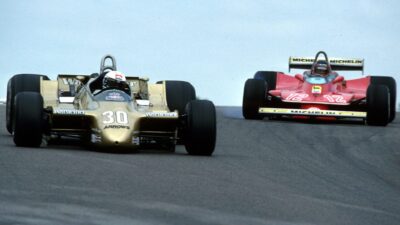 Formel 1, Grand Prix Frankreich 1979, Dijon, 01.07.1979 Jochen Mass, Arrows-Ford A2 Gilles Villeneuve, Ferrari 312T4 www.hoch-zwei.net , copyright: HOCH ZWEI / Ronco (Photo by Hoch Zwei/Corbis via Getty Images)