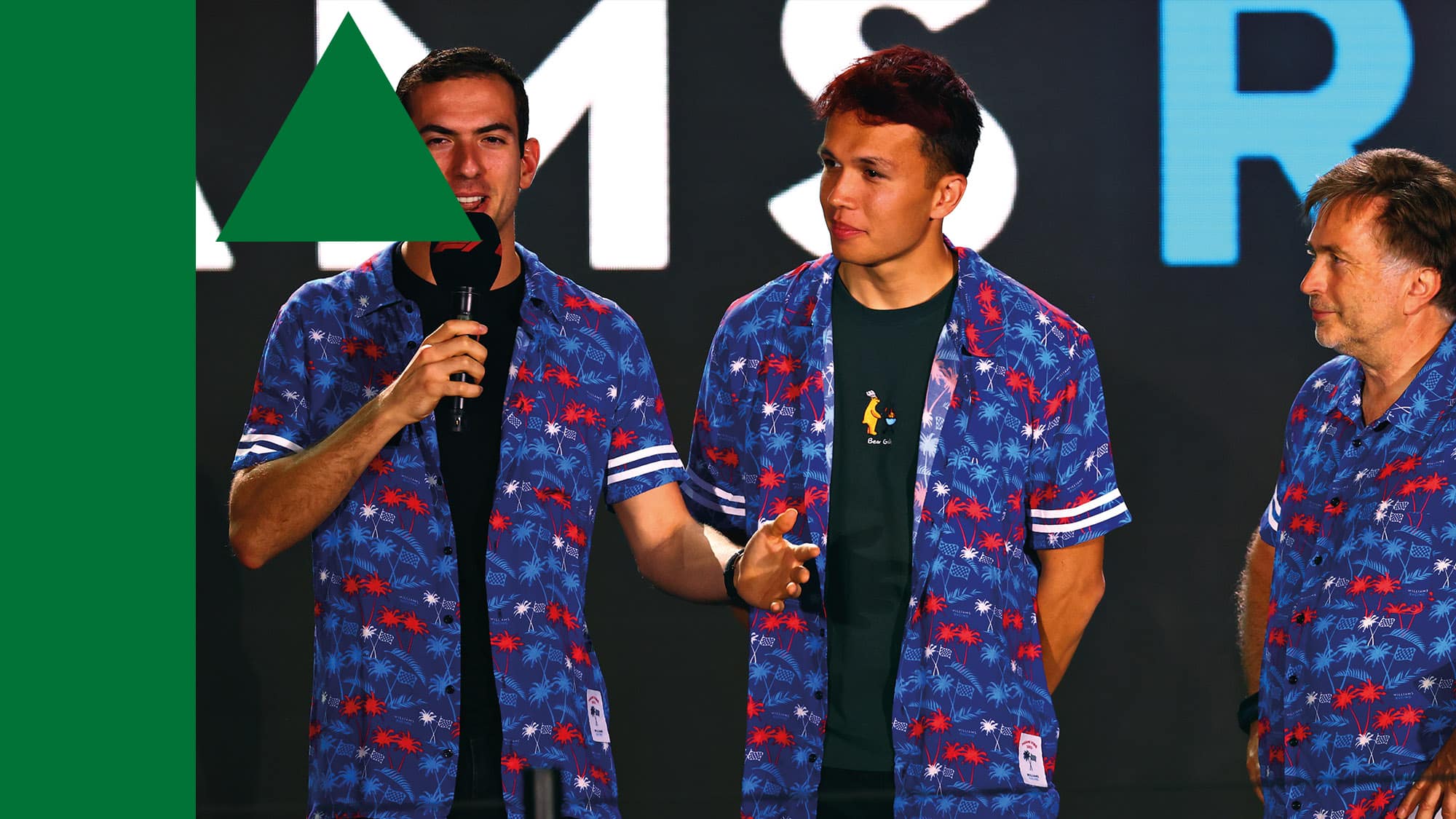 Nicholas Latifi Alex Albon and Jost Capito in Williams Miami merchandise