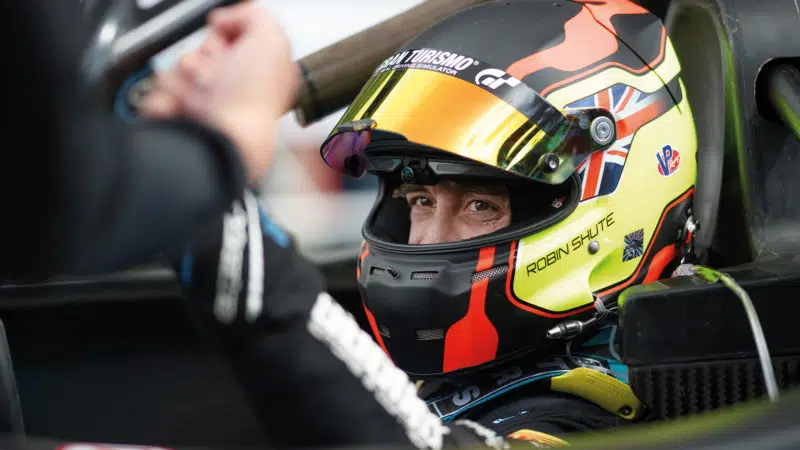 Robin Shute with crash helmet on