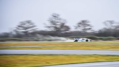Spray kicked up by Mission H24 hydroegn racing car