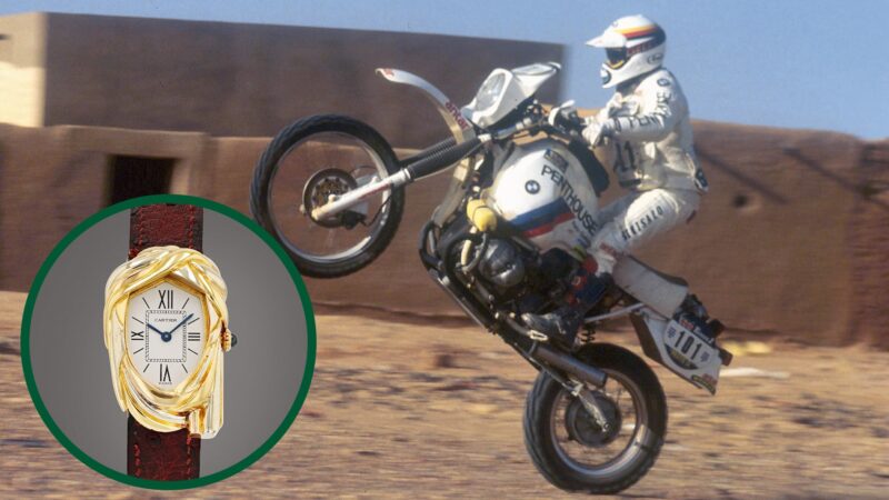 Gaston Rahier pulls a wheelie on the Paris-Dakar with Cartier Cheich watch inset