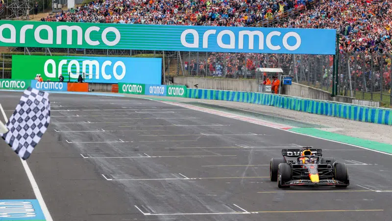 Max Verstappen crosses the line to win the 2022 Hungarian Grand Prix