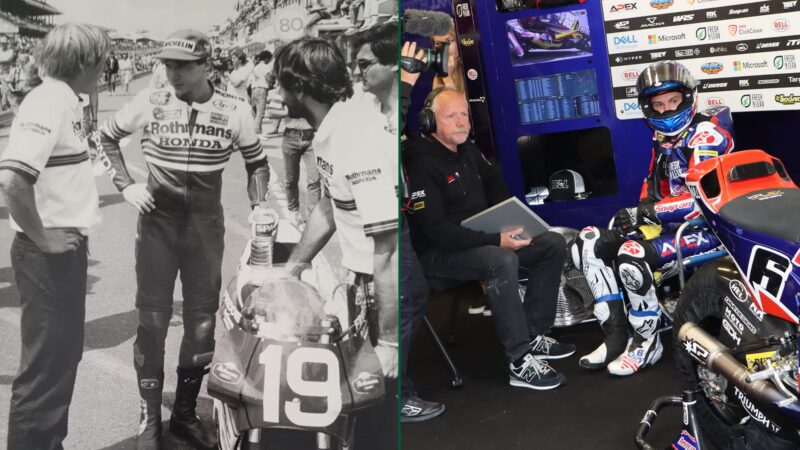 Stuart Shenton with Freddie Spencer in 1985 and Beaubier Shenton in 2022 copy