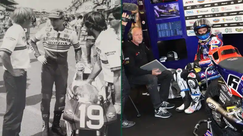 Stuart Shenton with Freddie Spencer in 1985 and Beaubier Shenton in 2022 copy