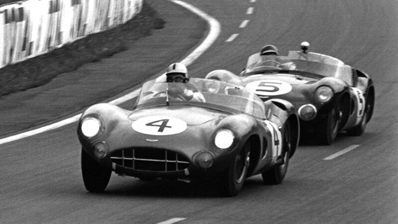 Roy Salvadori and Jim Clark racing in Aston Martin DBR1s.