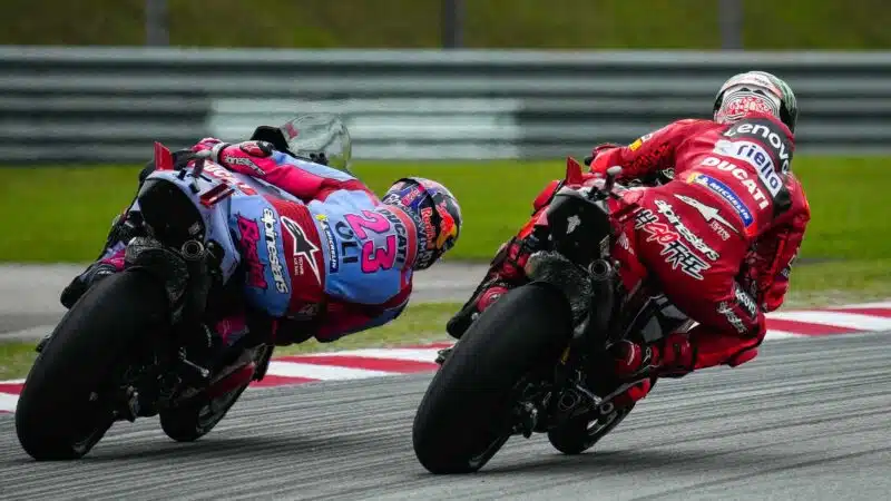 Pecco Bagnaia leads Enea Bastianini in the 2022 MotoGP Sepang round