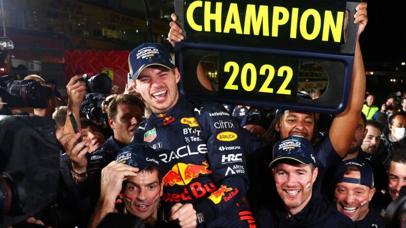 Red Bull celebrates Max Verstappen becoming 2022 F1 champion at the Japanese Grand Prix