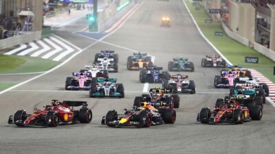Charles Leclerc, leading, at Bahrain GP
