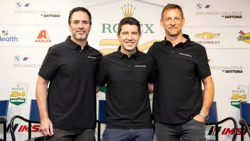 Jimmie Johnson Mike Rockenfeller and Jenson Button at NASCAR Le mans announcement