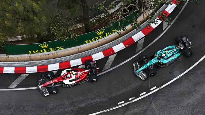 Zhou Guanyu leads Sebastian Vettel in the 2022 Monaco Grand Prix