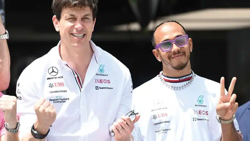 Toto Wolff and Lewis Hamilton smile for cameras